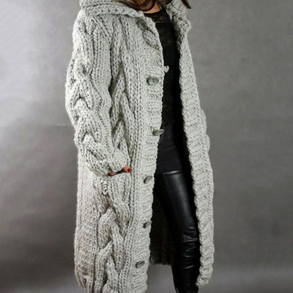 Women's Oversized Cable Knit Hooded Button Cardigan - Silver Grey