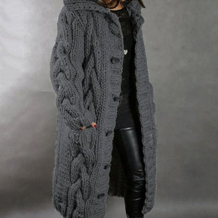 Women's Oversized Cable Knit Hooded Button Cardigan - Dark Grey