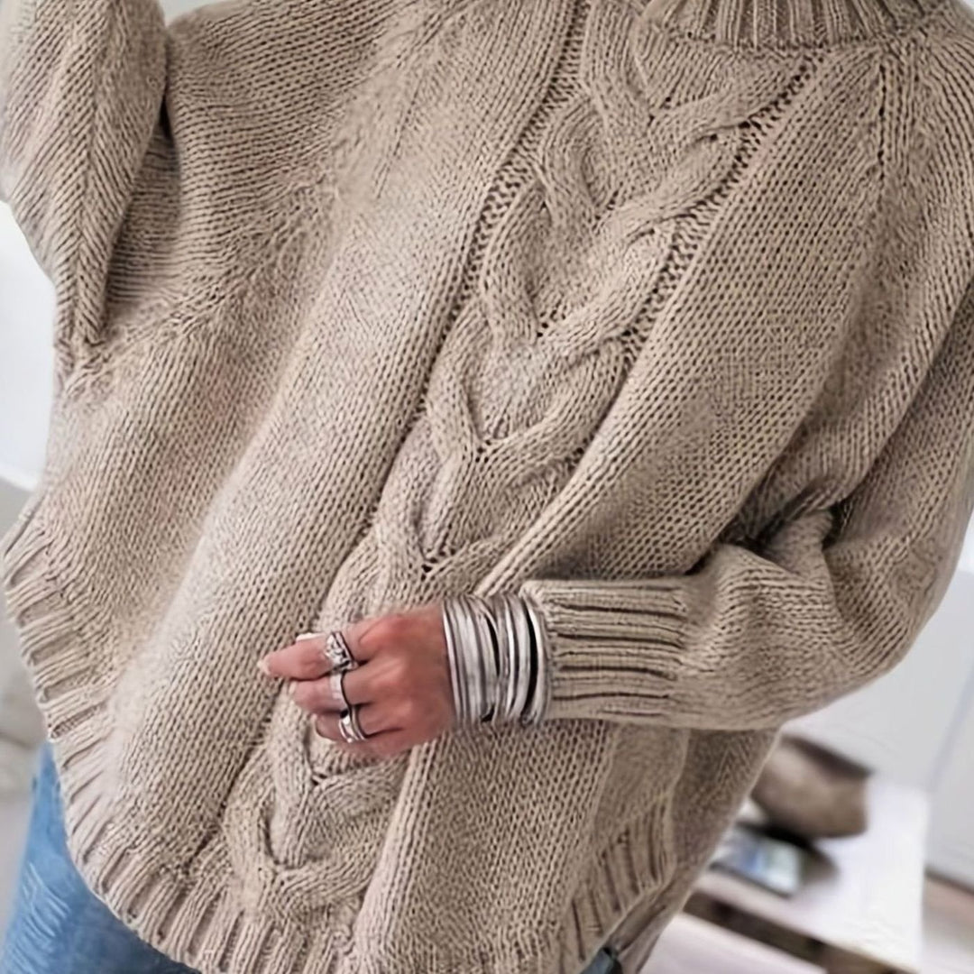 Women's Oversized Cable-Knit Mock-Neck Sweater - Khaki