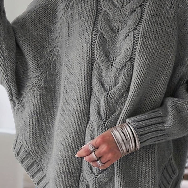 Women's Oversized Cable-Knit Mock-Neck Sweater - Dark Gray