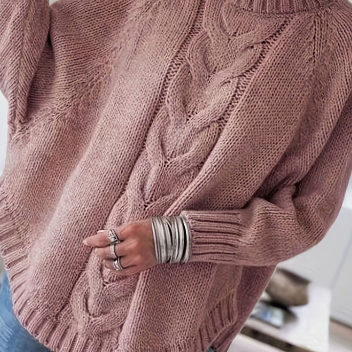 Women's Oversized Cable-Knit Mock-Neck Sweater - Pale Pinkish Gray