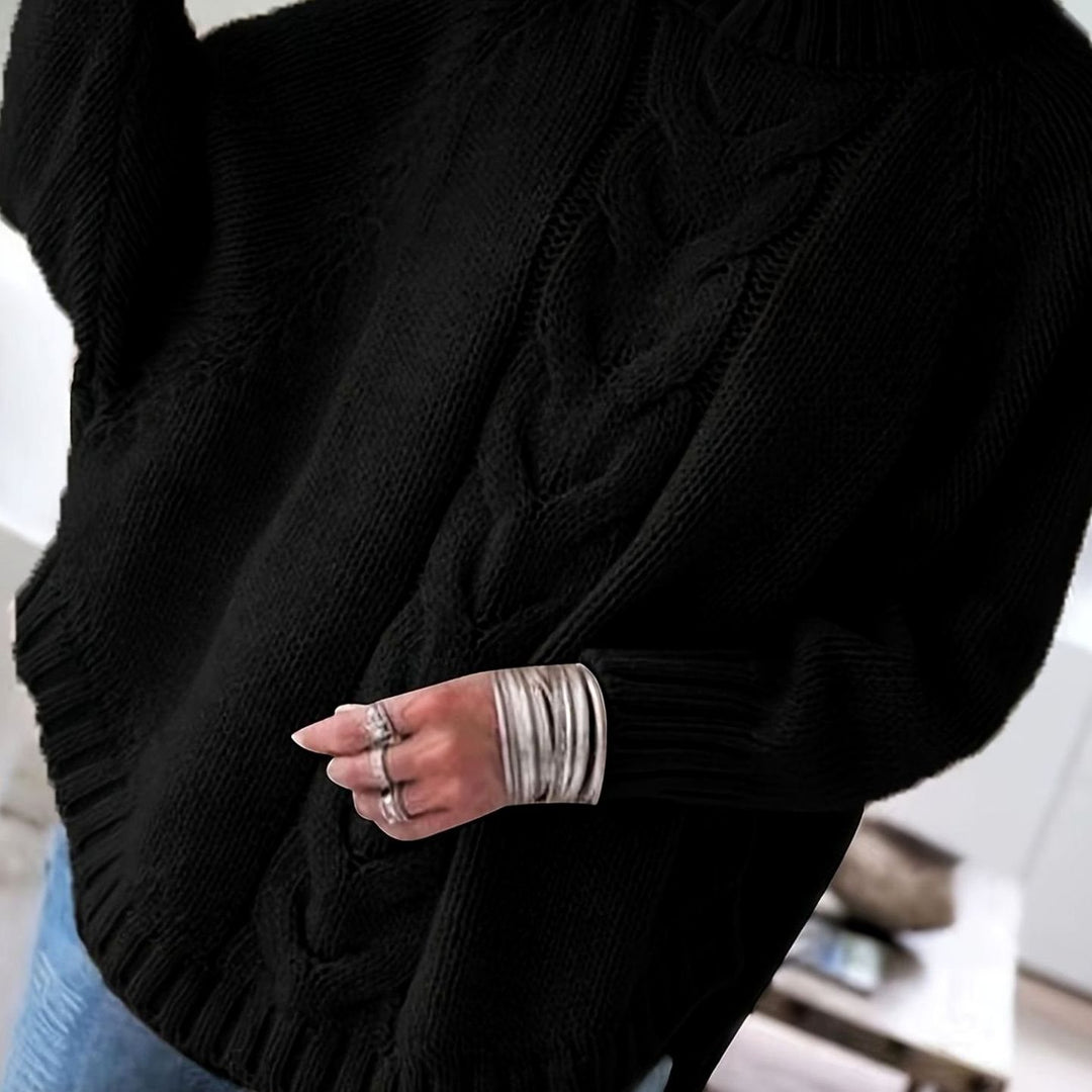 Women's Oversized Cable-Knit Mock-Neck Sweater - Black