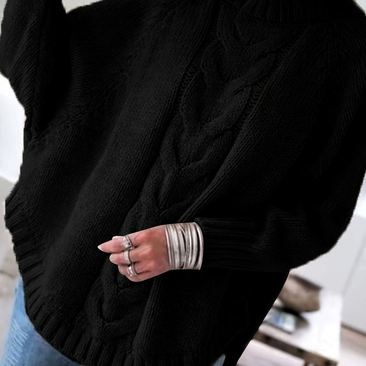 Women's Oversized Cable-Knit Mock-Neck Sweater - Black