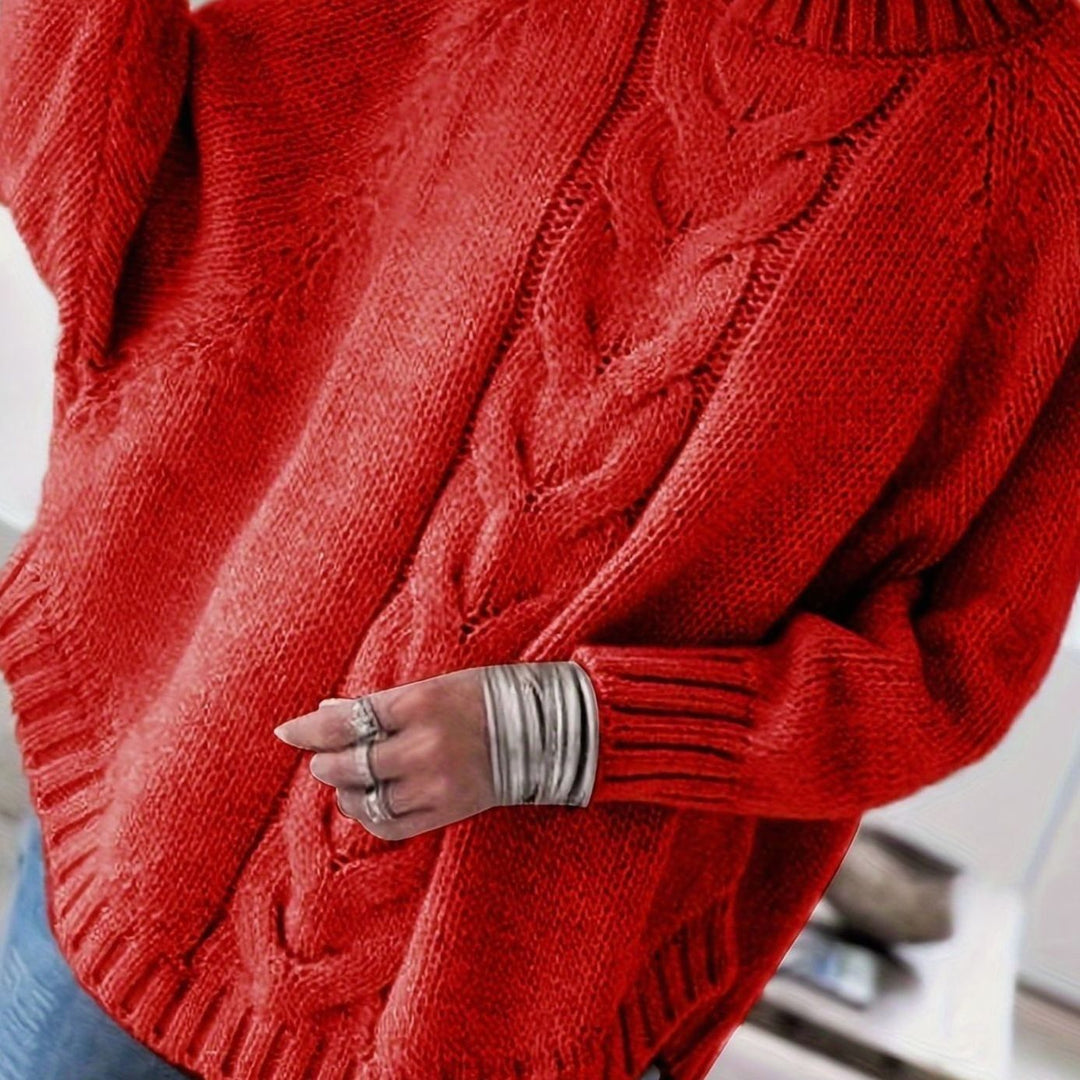 Women's Oversized Cable-Knit Mock-Neck Sweater - Red