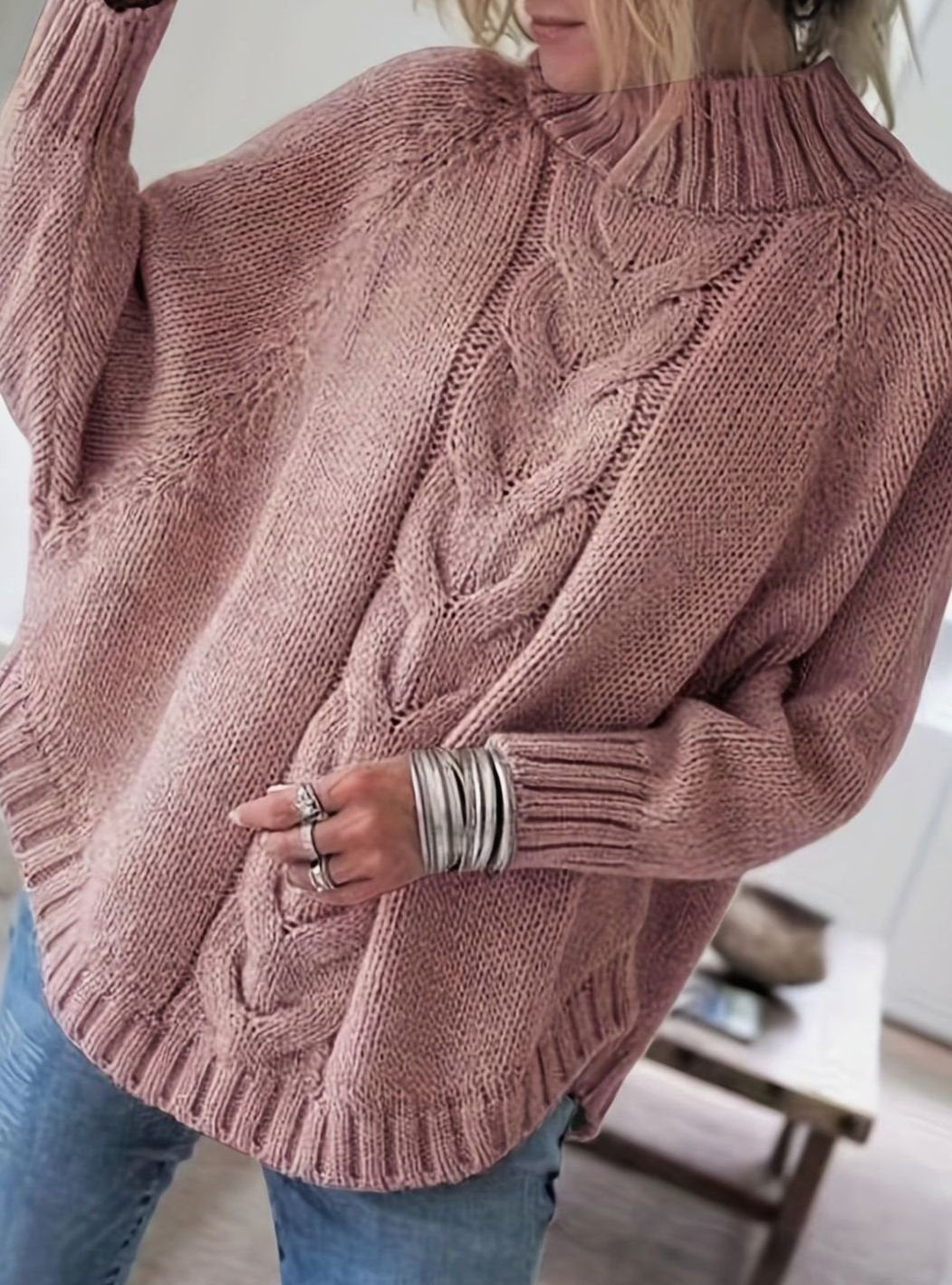 Women's Oversized Cable-Knit Mock-Neck Sweater