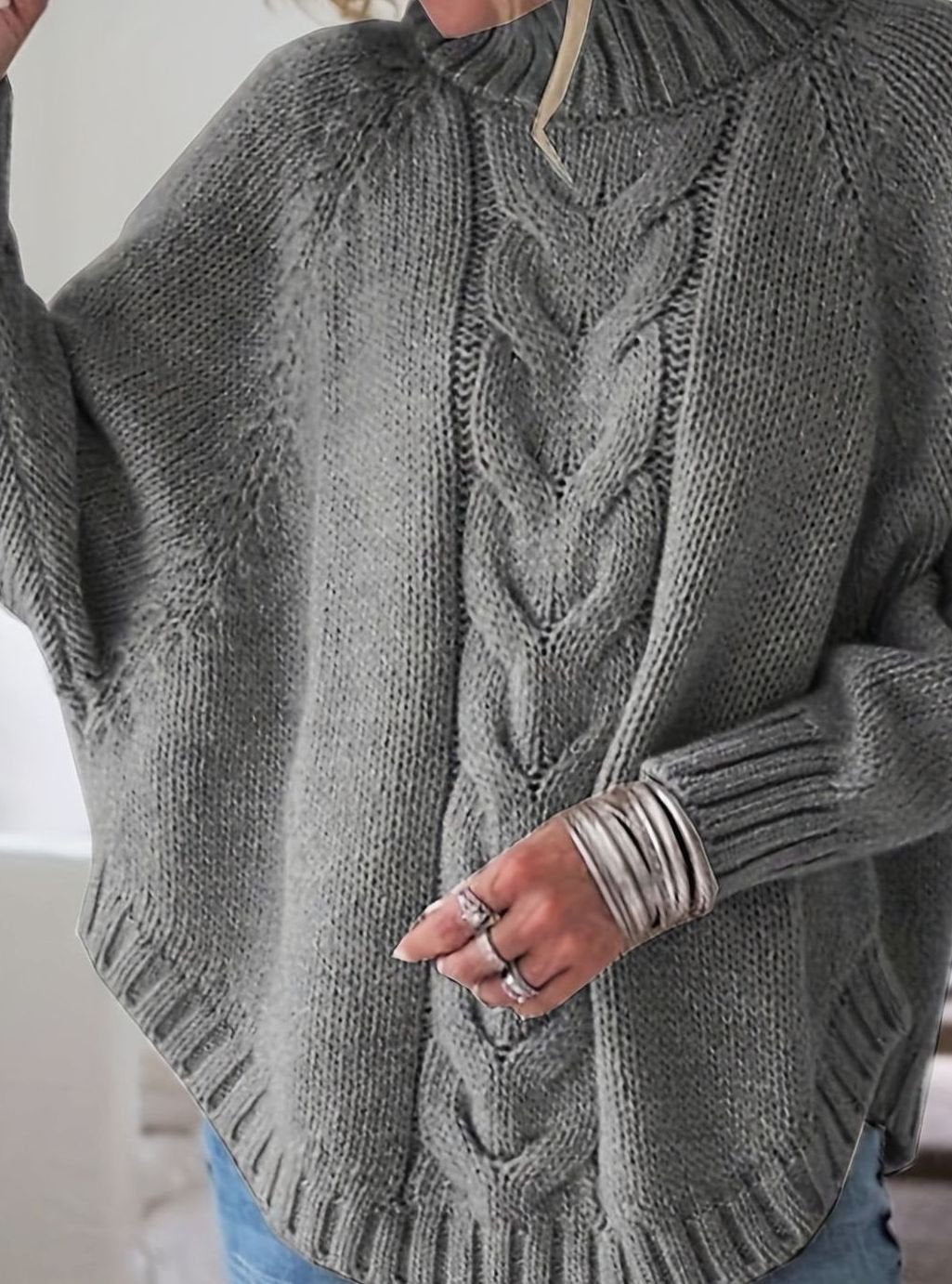 Women's Oversized Cable-Knit Mock-Neck Sweater