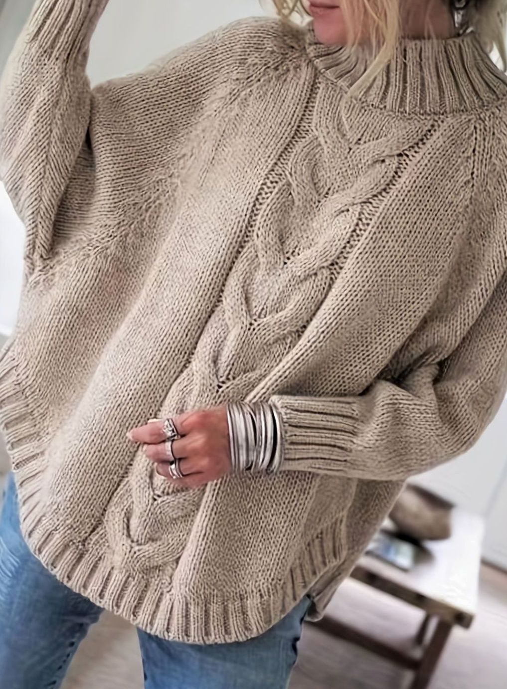 Women's Oversized Cable-Knit Mock-Neck Sweater