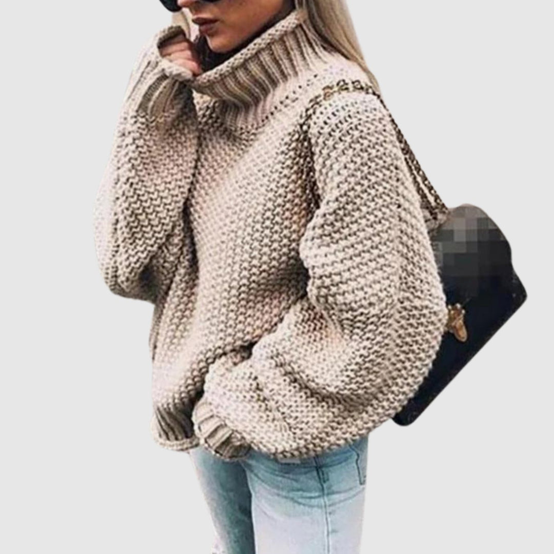 Women's Oversized Chunky Knit Turtleneck Sweater - Khaki