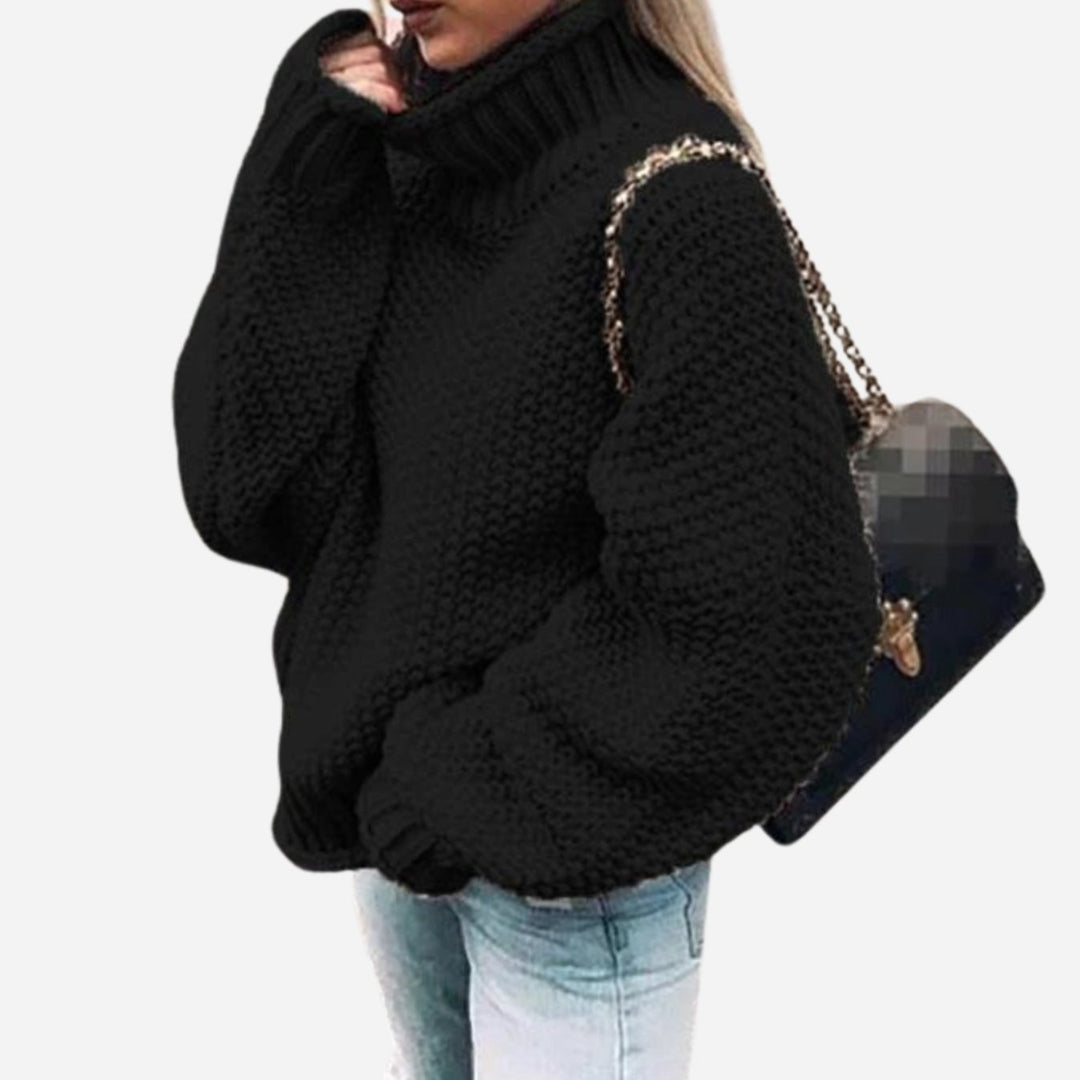 Women's Oversized Chunky Knit Turtleneck Sweater - Black