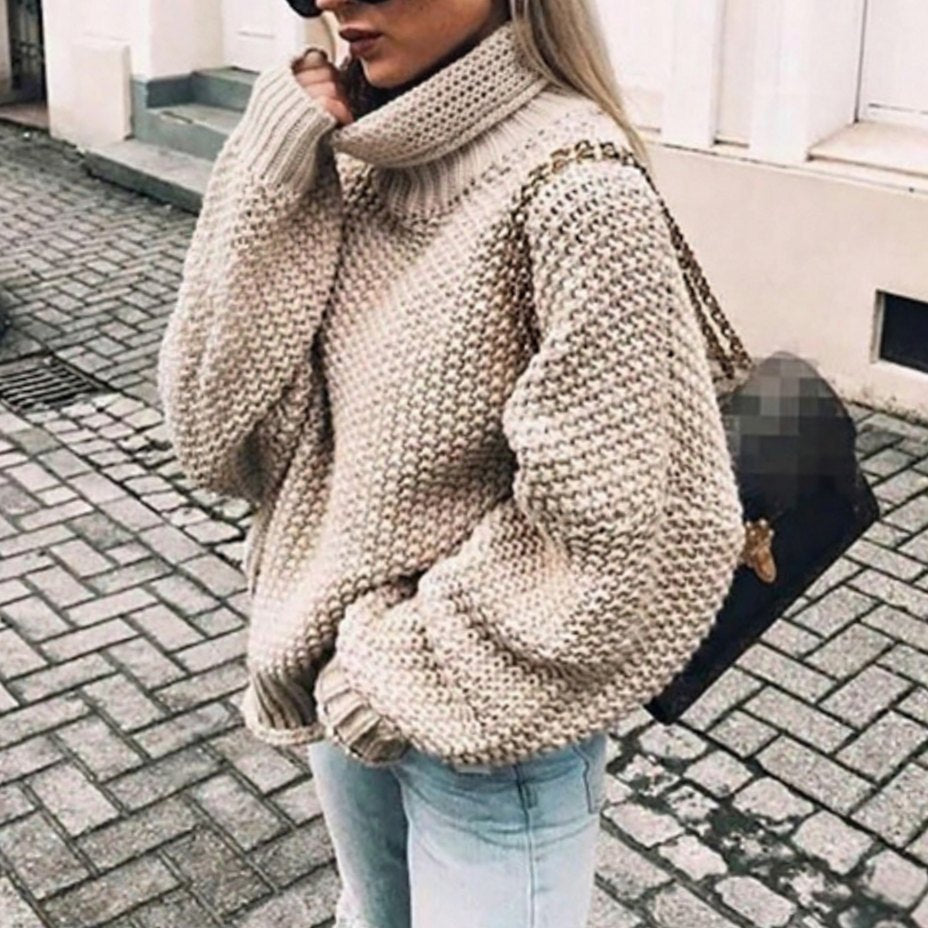 Women's Oversized Chunky Knit Turtleneck Sweater Balloon Sleeves - Khaki