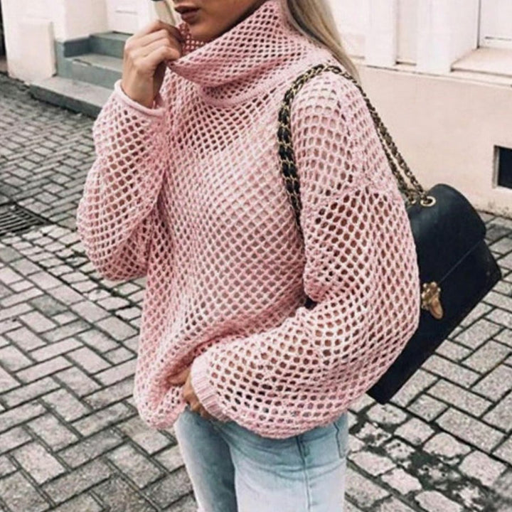 Women's Oversized Chunky Knit Turtleneck Sweater Balloon Sleeves - Pink