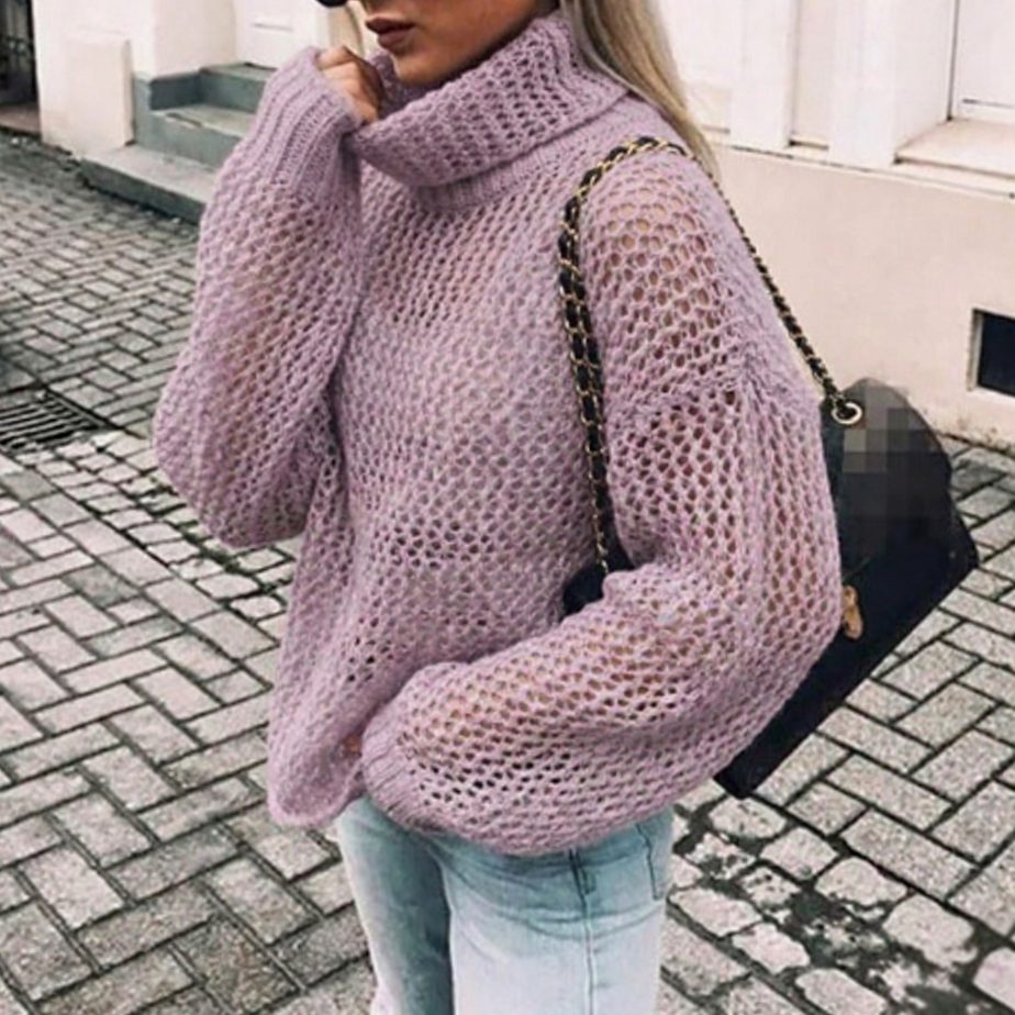Women's Oversized Chunky Knit Turtleneck Sweater Balloon Sleeves - Purple