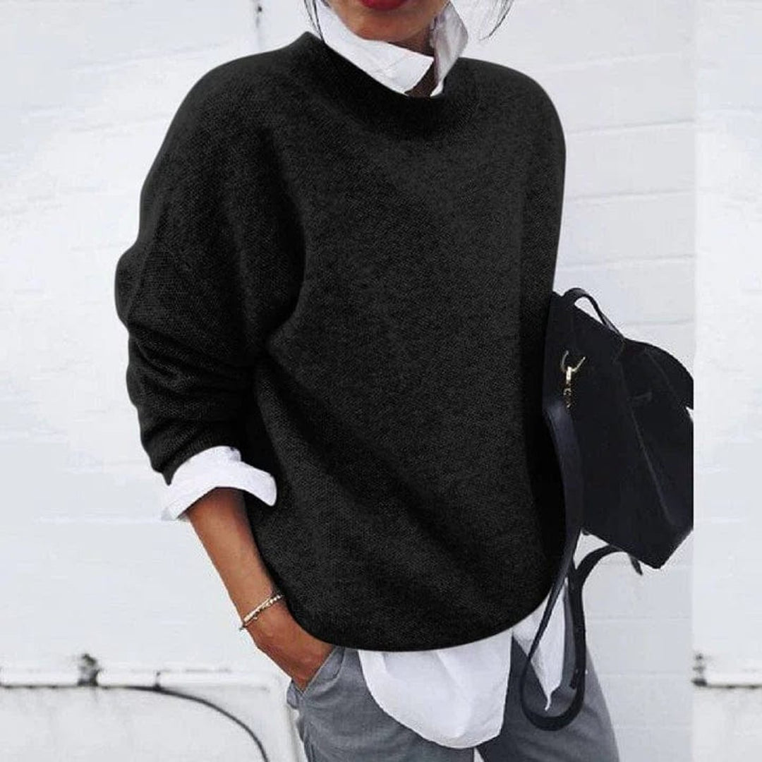 Women's Oversized Crew-Neck Soft Knit Sweater - Black
