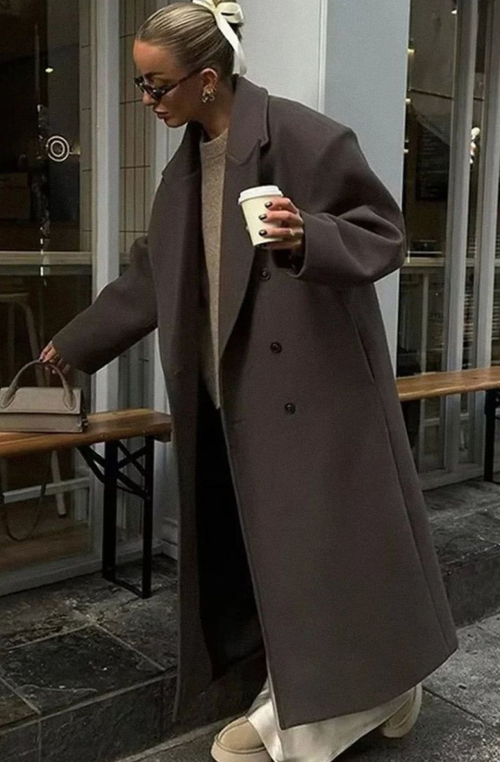 Women's Oversized Double-Breasted Brown Wool Long Coat - Brown
