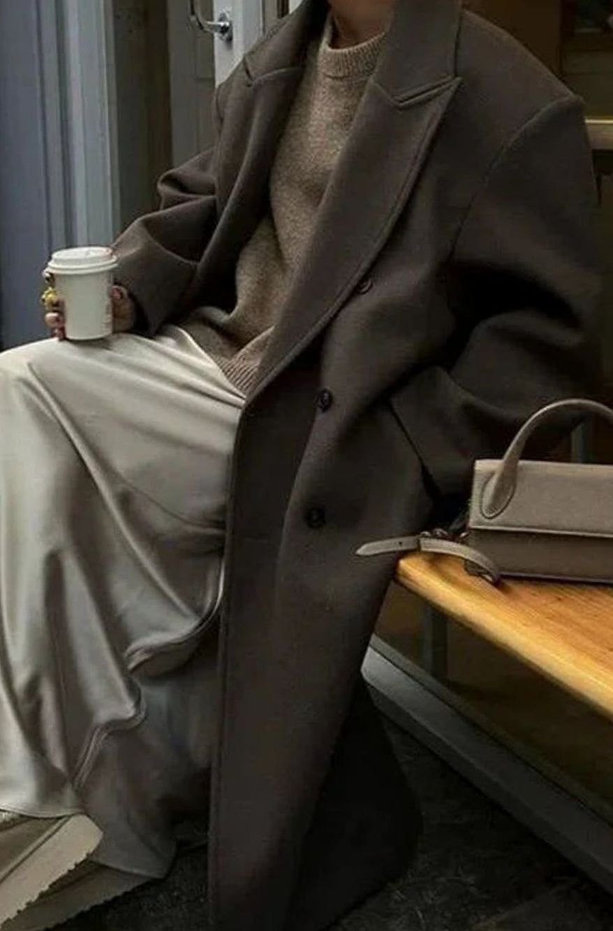 Women's Oversized Double-Breasted Brown Wool Long Coat