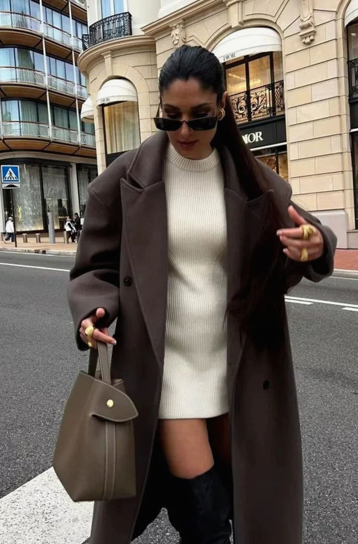 Women's Oversized Double-Breasted Brown Wool Long Coat