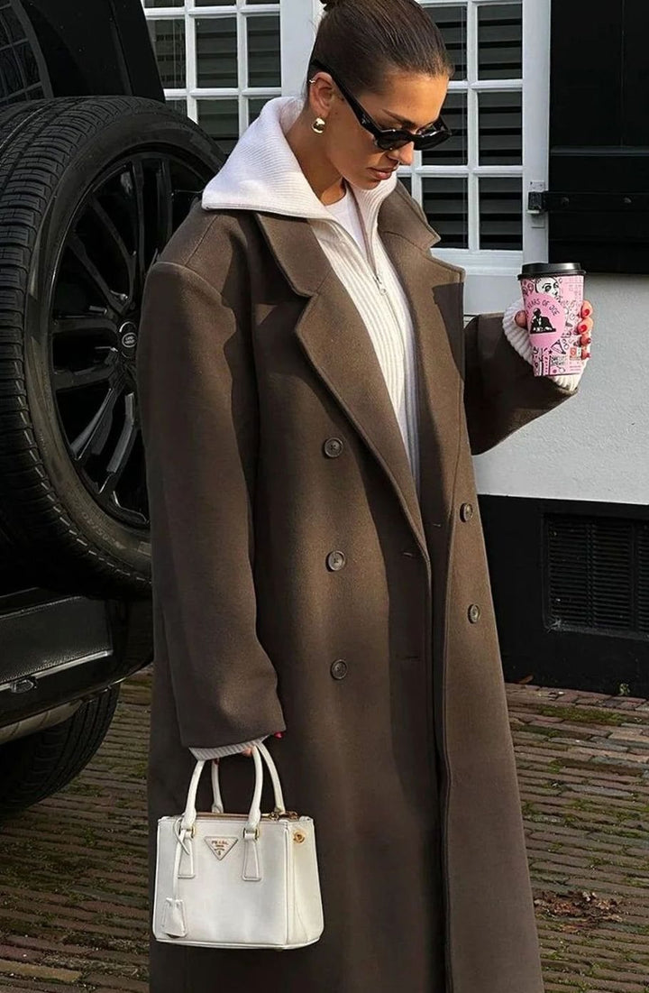 Women's Oversized Double-Breasted Brown Wool Long Coat