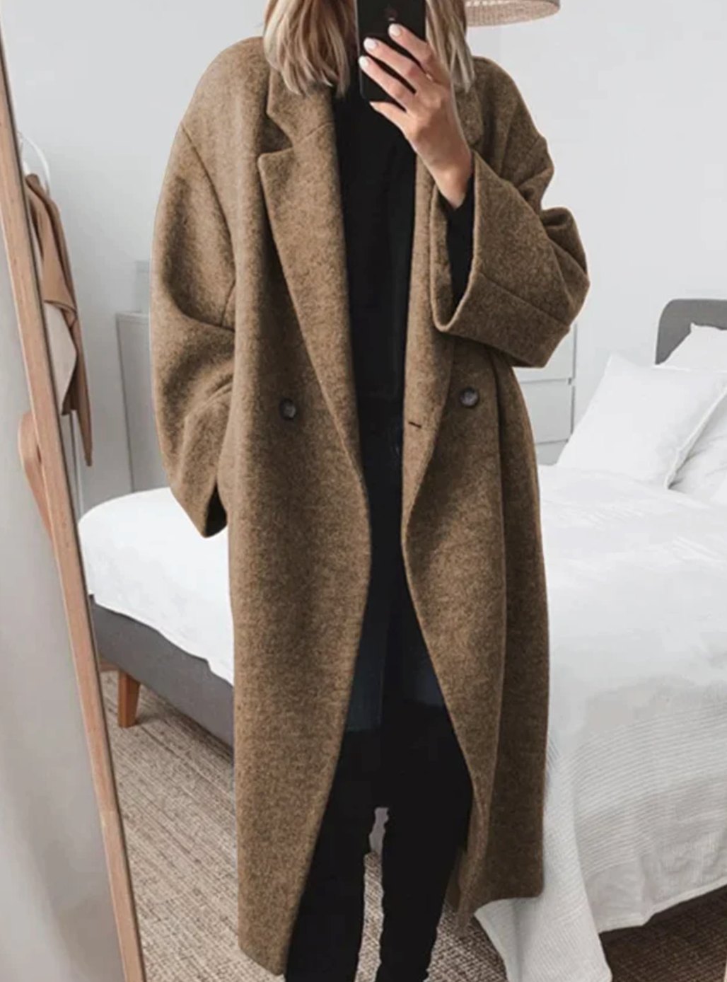 Women's Oversized Double-Button Longline Wool-Blend Coat - Brown