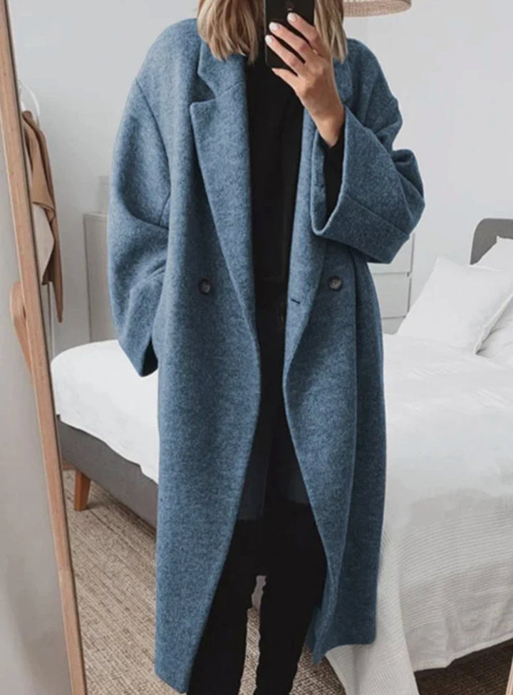 Women's Oversized Double-Button Longline Wool-Blend Coat - Blue
