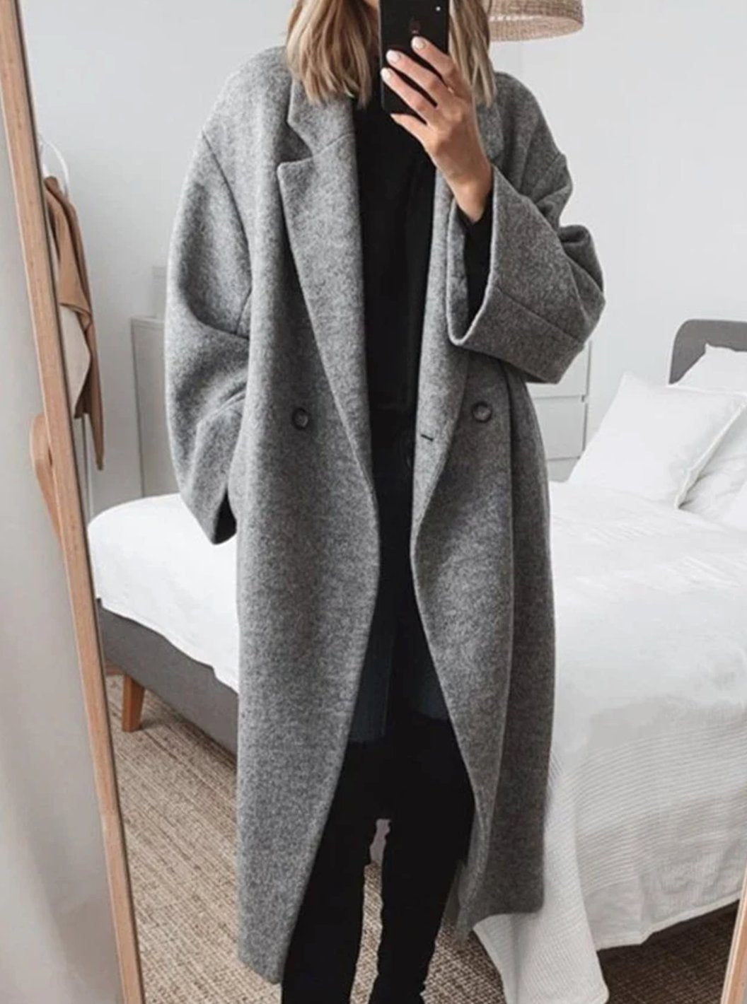 Women's Oversized Double-Button Longline Wool-Blend Coat - Gray