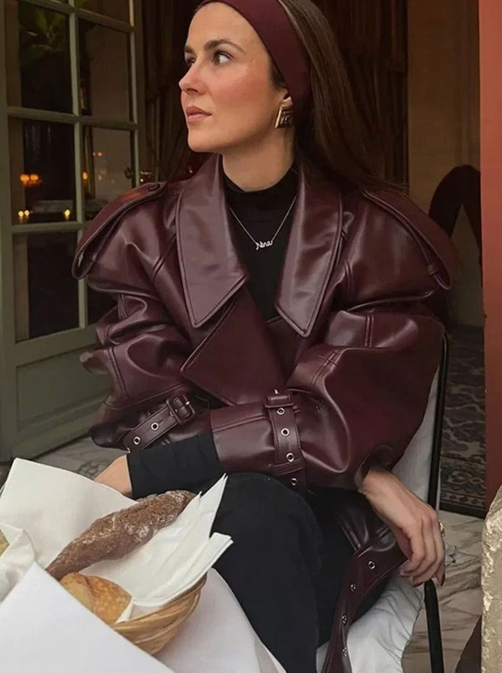 Women's Oversized Faux Leather Belted Moto Jacket - Burgundy