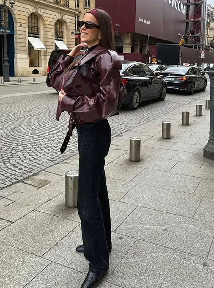 Women's Oversized Faux Leather Belted Moto Jacket