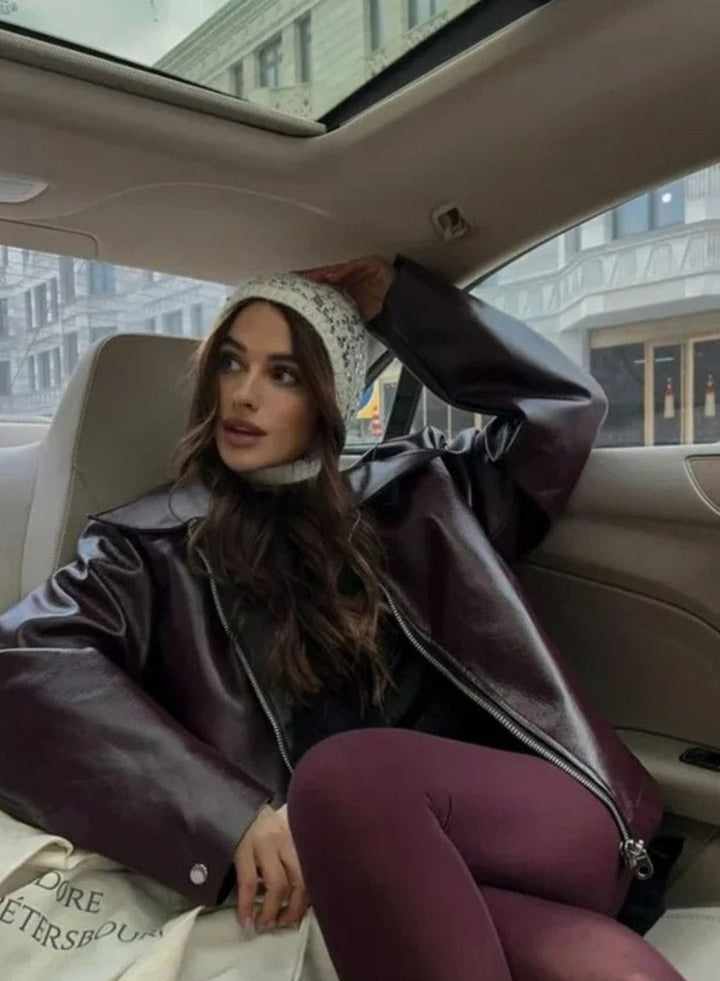 Women's Oversized Faux Leather Belted Moto Jacket