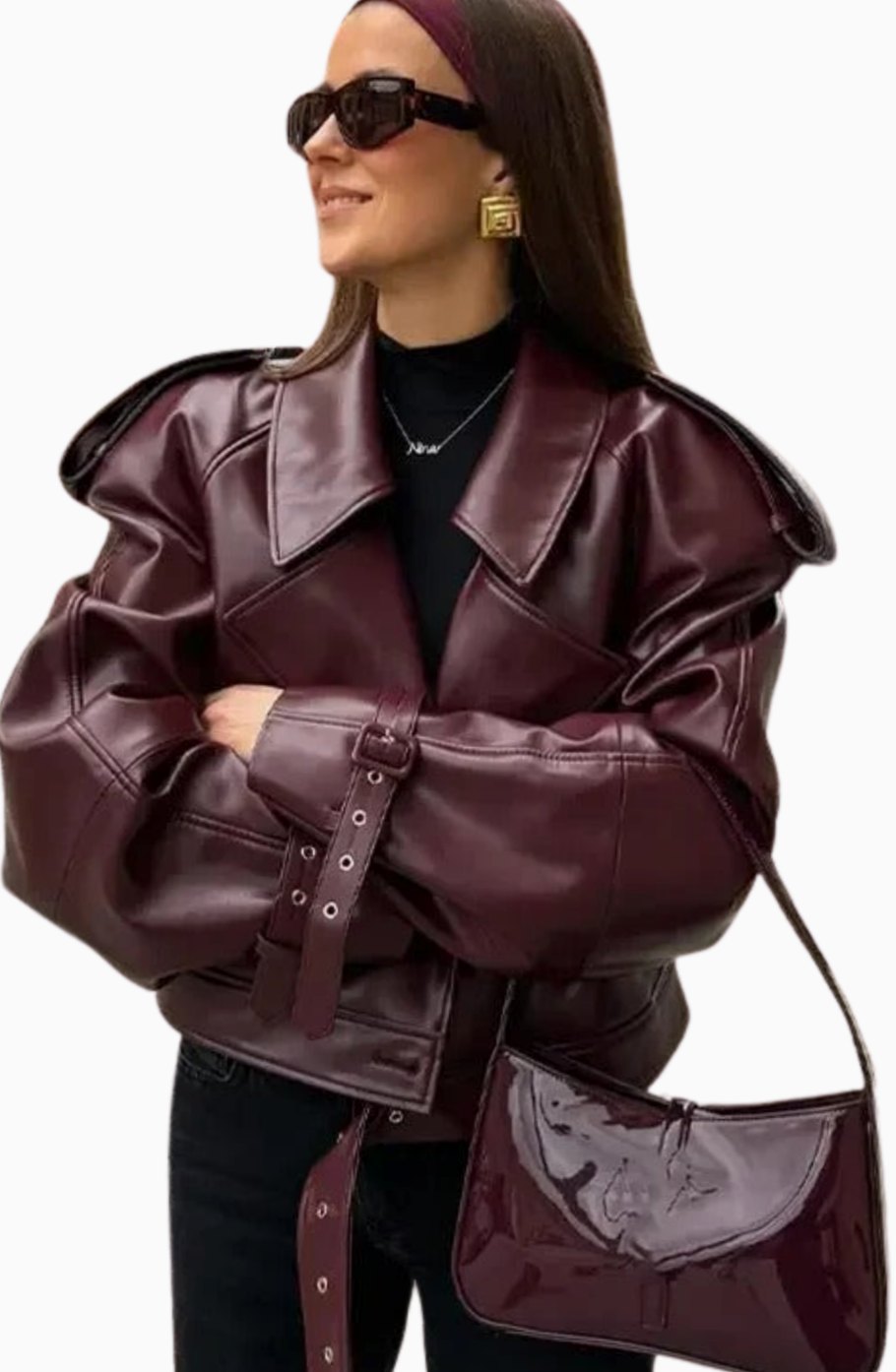 Women's Oversized Faux Leather Belted Moto Jacket