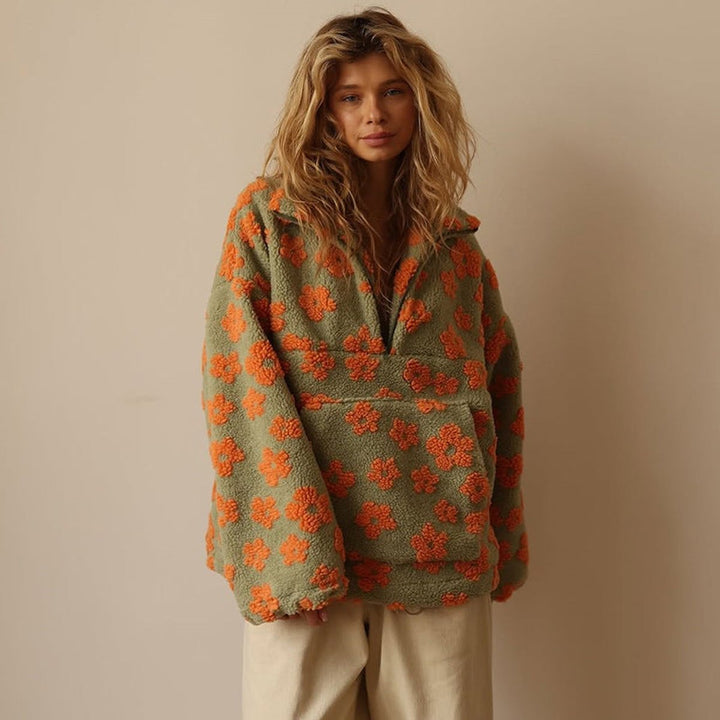 Women's Oversized Floral Sherpa Fleece Half-Zip Pullover Sweater