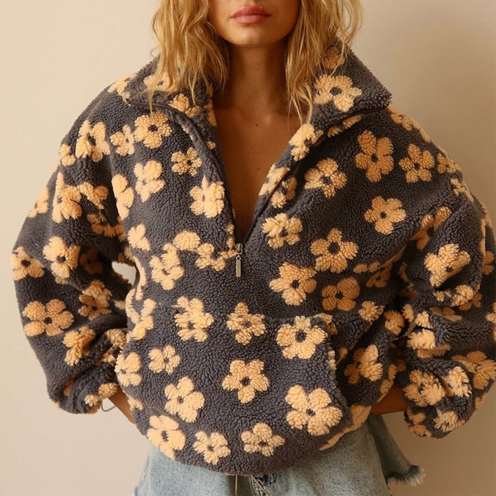 Women's Oversized Floral Sherpa Fleece Half-Zip Pullover Sweater - Yellow