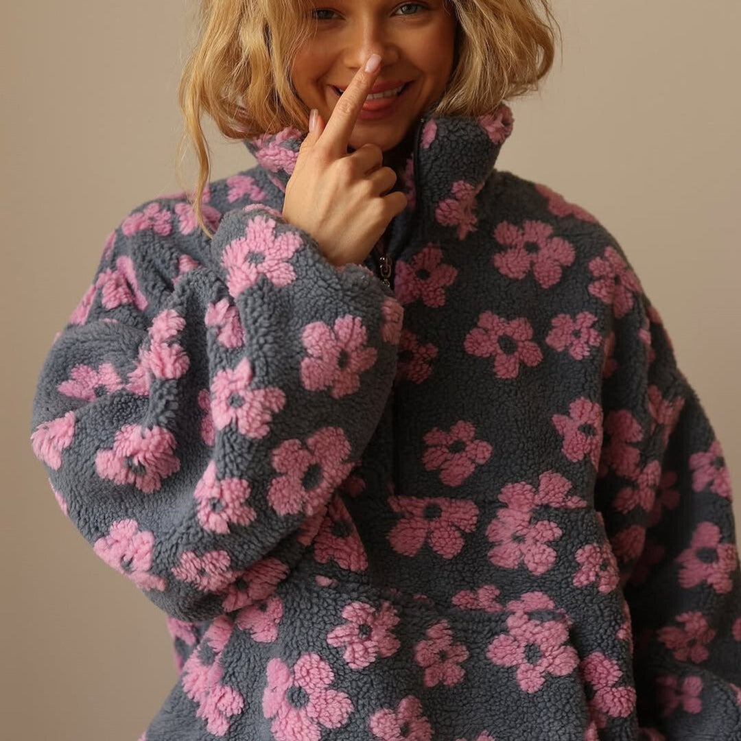 Women's Oversized Floral Sherpa Fleece Half-Zip Pullover Sweater - Pink