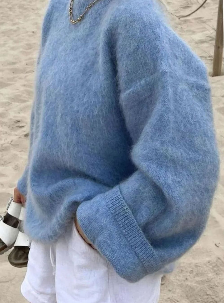 Women's Oversized Fluffy Knit Crew-Neck Sweater - Blue