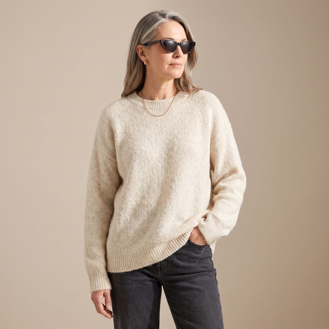 Women's Oversized Fluffy Knit Crew-Neck Sweater - Beige