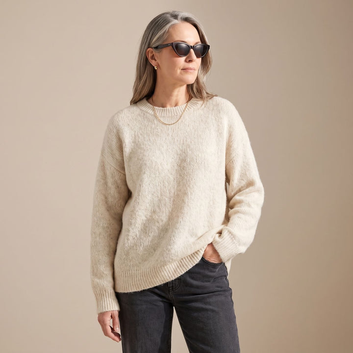 Women's Oversized Fluffy Knit Crew-Neck Sweater - Beige