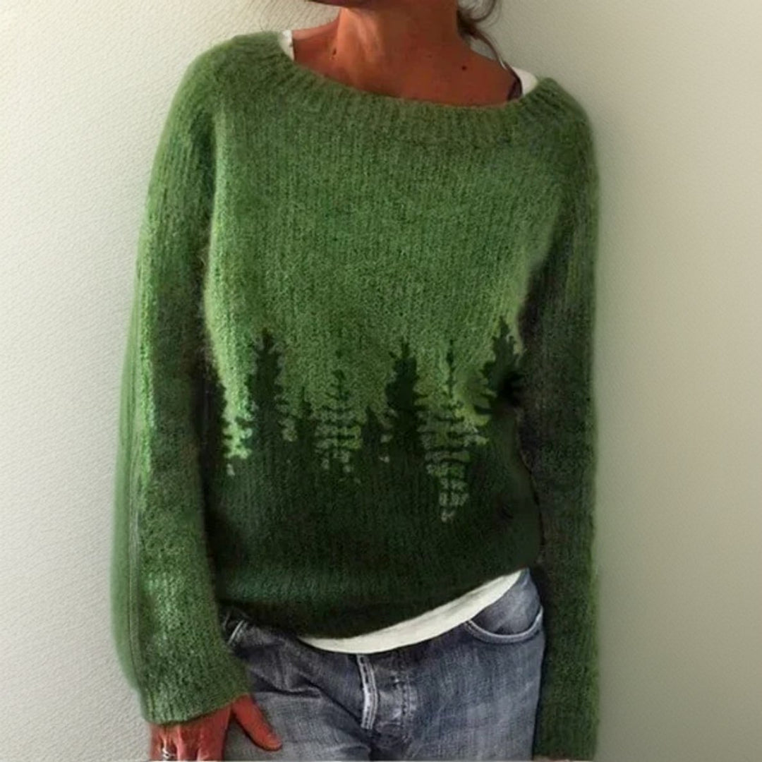 Women's Oversized Forest-Print Long-Sleeve Knit Sweater