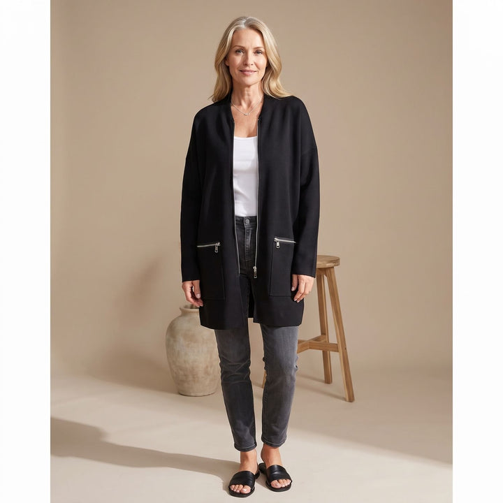Women's Oversized Full-Zip Longline Cardigan with Zip Pockets - Black