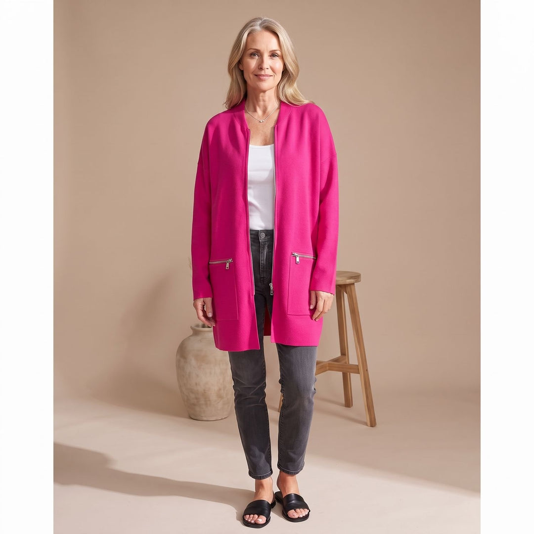 Women's Oversized Full-Zip Longline Cardigan with Zip Pockets - Pink