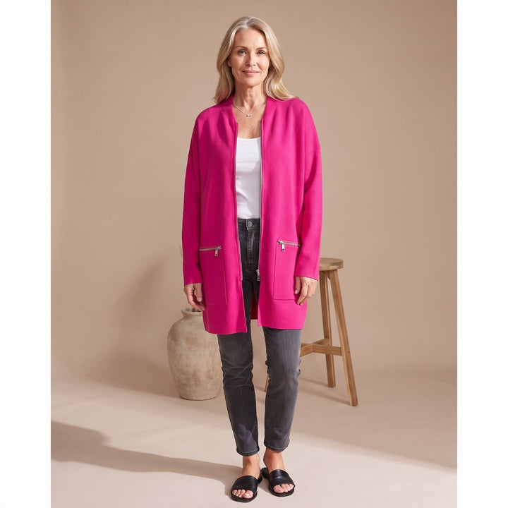 Women's Oversized Full-Zip Longline Cardigan with Zip Pockets - Pink