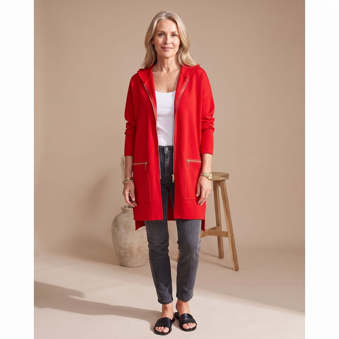 Women's Oversized Full-Zip Longline Cardigan with Zip Pockets - Red