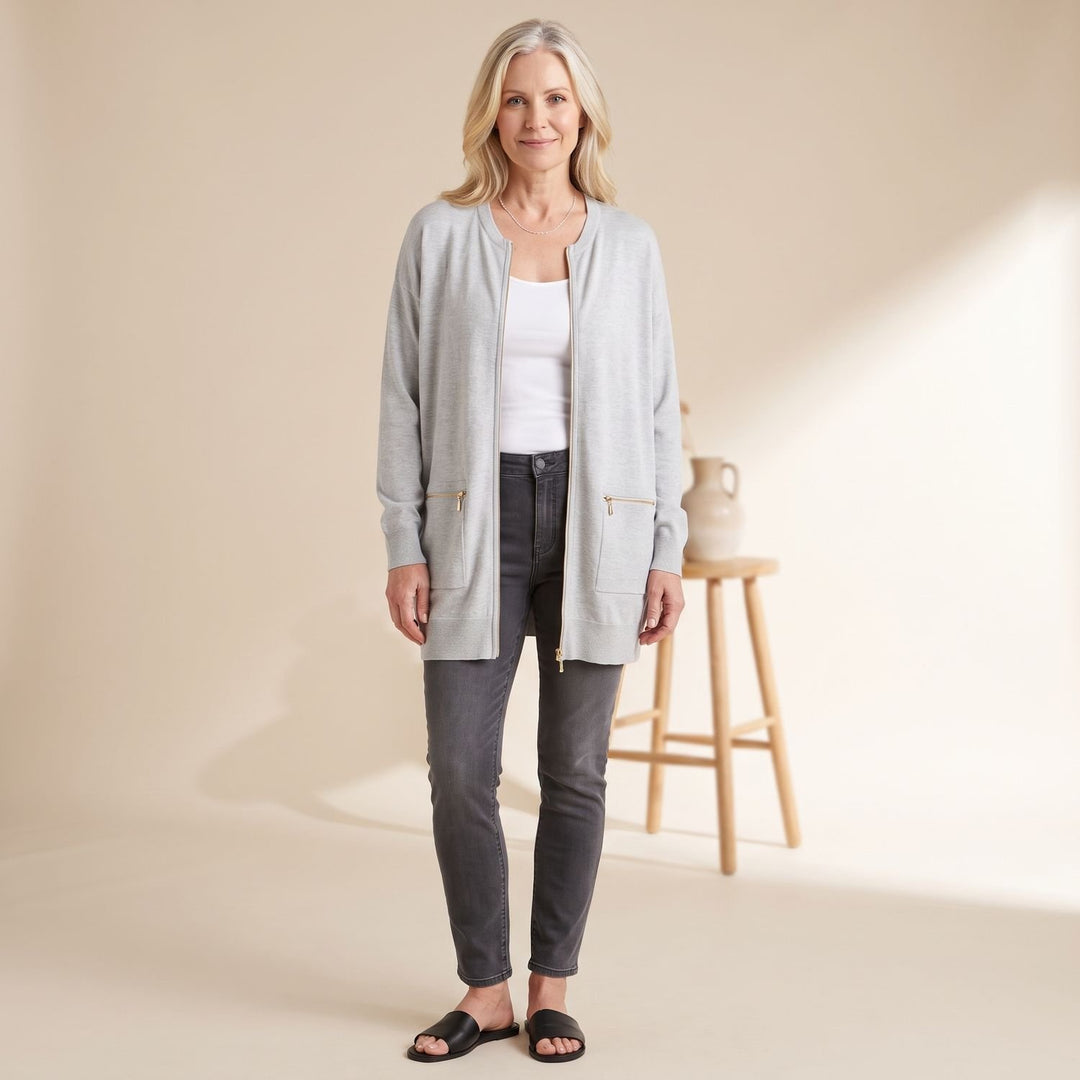 Women's Oversized Full-Zip Longline Cardigan with Zip Pockets - Gray