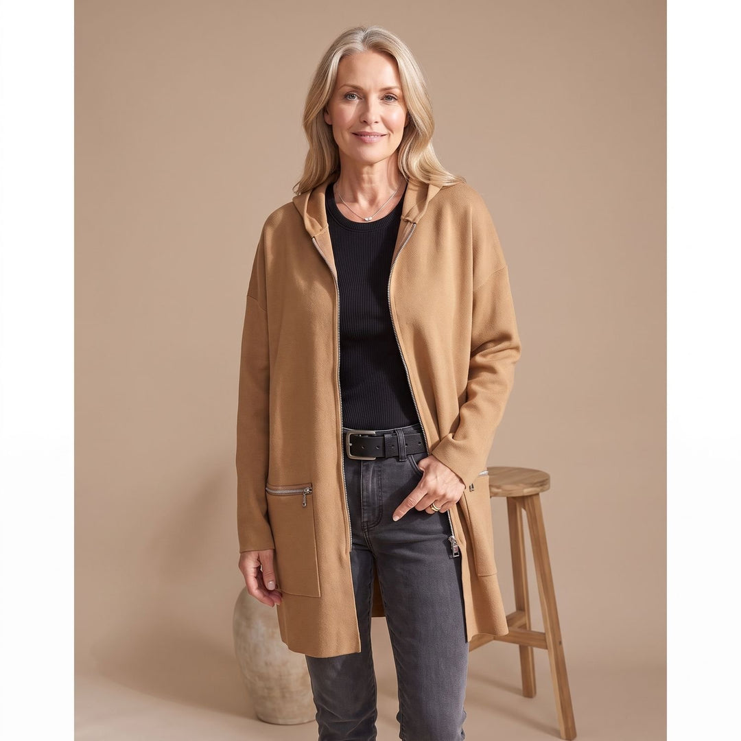 Women's Oversized Full-Zip Longline Cardigan with Zip Pockets - Brown
