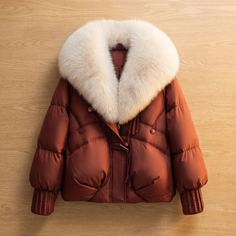 Women's Oversized Fur Collar Quilted Puffer Jacket, Rust
