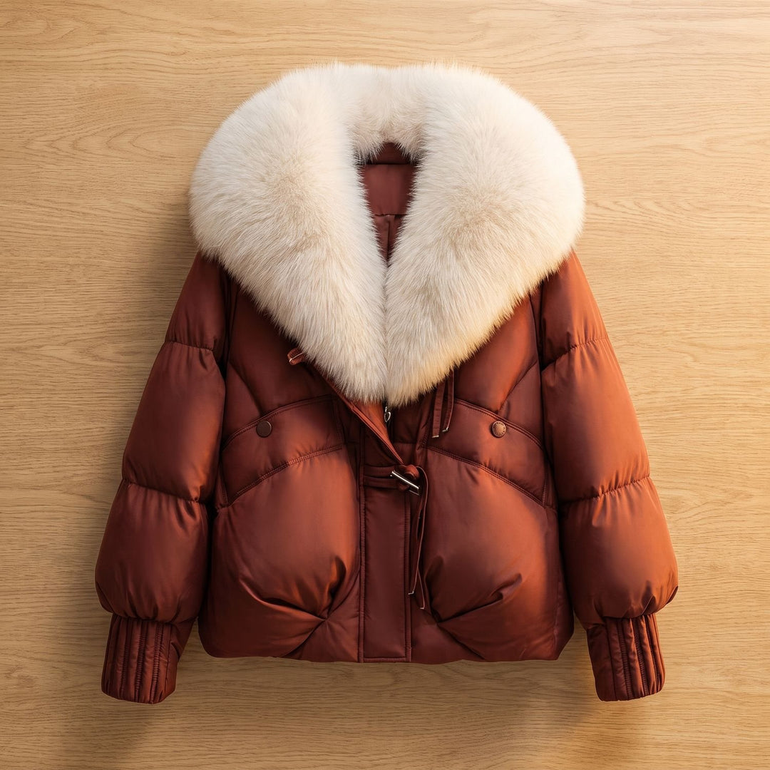 Women's Oversized Fur Collar Quilted Puffer Jacket, Rust