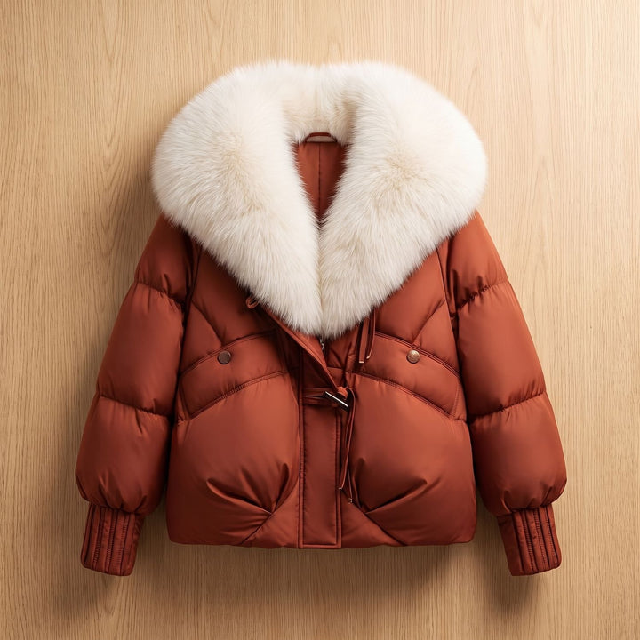 Women's Oversized Fur Collar Quilted Puffer Jacket, Rust - Rust
