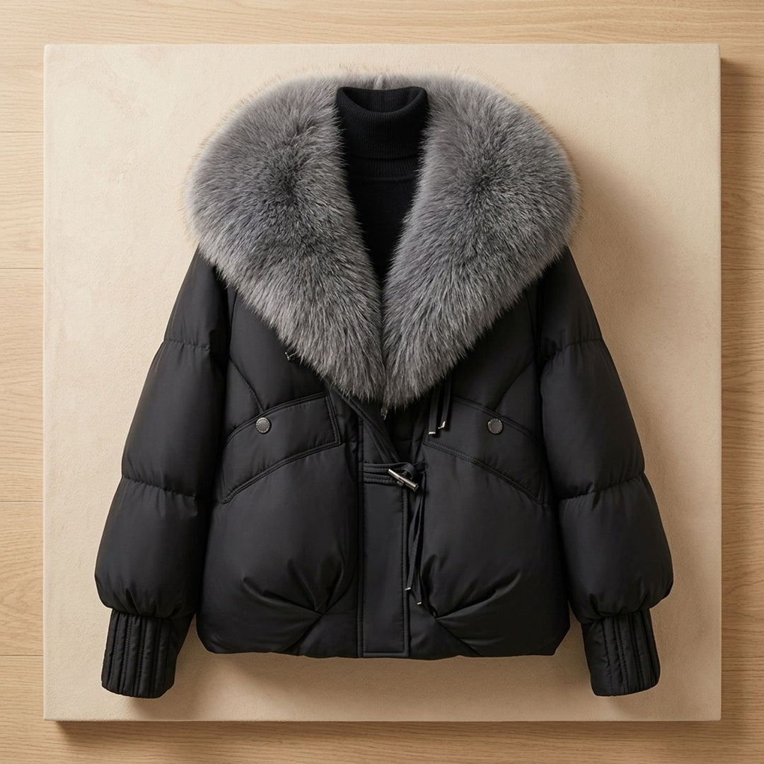 Women's Oversized Fur Collar Quilted Puffer Jacket, Rust - Black