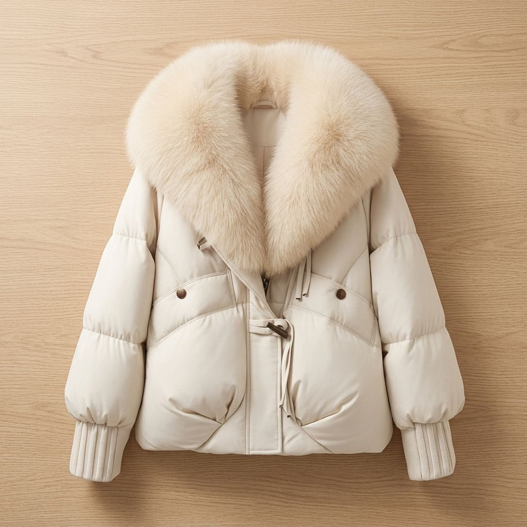 Women's Oversized Fur Collar Quilted Puffer Jacket, Rust - Light Gray / White