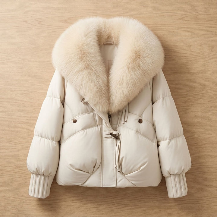Women's Oversized Fur Collar Quilted Puffer Jacket, Rust - Light Gray / White