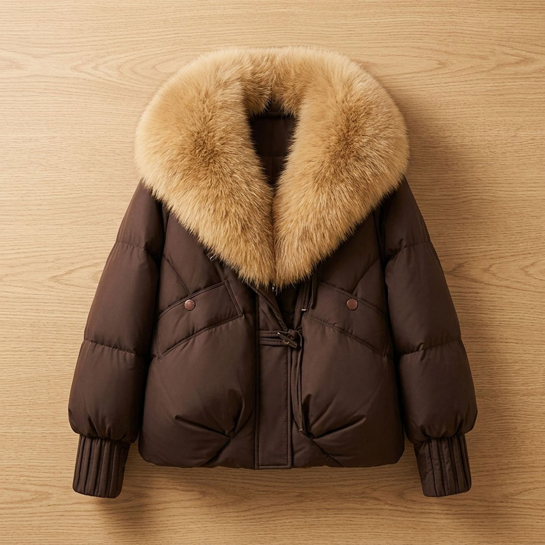 Women's Oversized Fur Collar Quilted Puffer Jacket, Rust - Brown