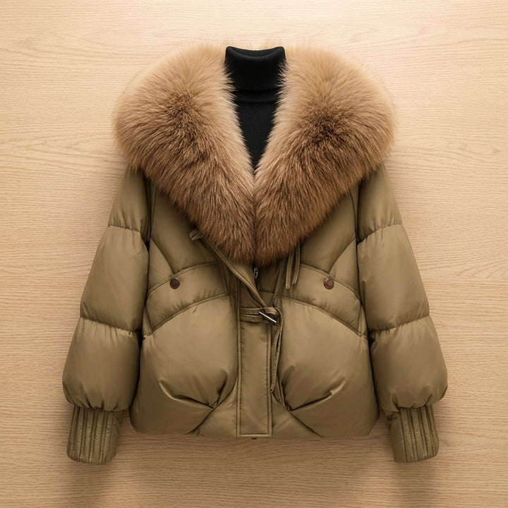 Women's Oversized Fur Collar Quilted Puffer Jacket, Rust - Olive