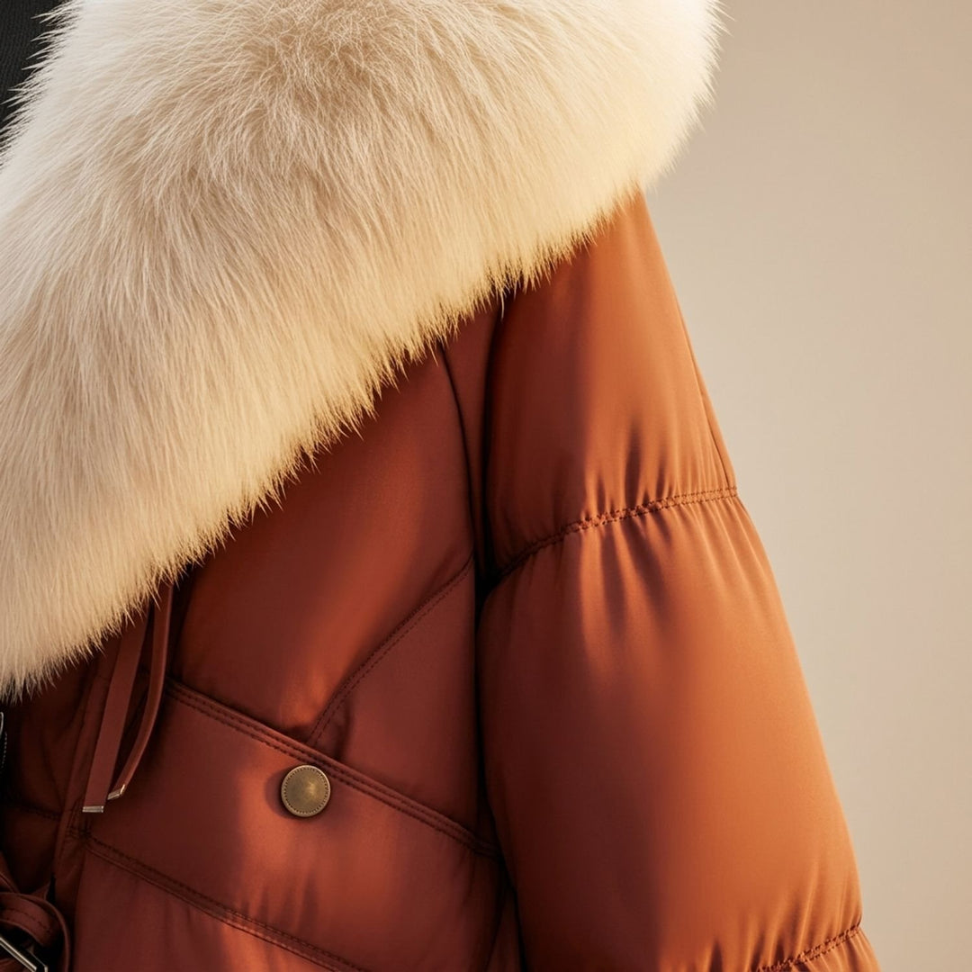Women's Oversized Fur Collar Quilted Puffer Jacket, Rust